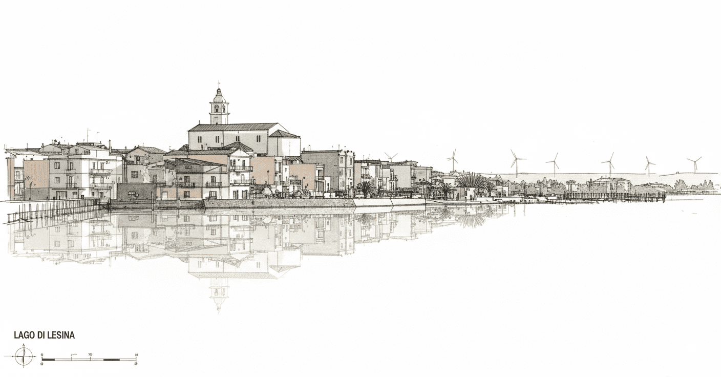 Bed and Breakfast a Lesina Veduta illustrata del borgo di Lesina riflesso nel lago, con le sue case colorate, la chiesa e il panorama e sullo sfondo.